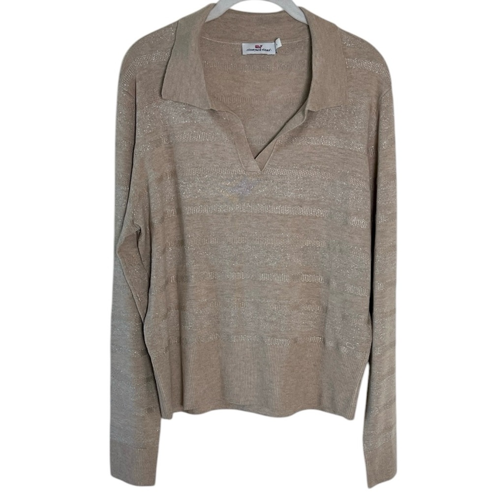 Vineyard Vines Metallic Striped Collared V-Neck Sweater Sz L